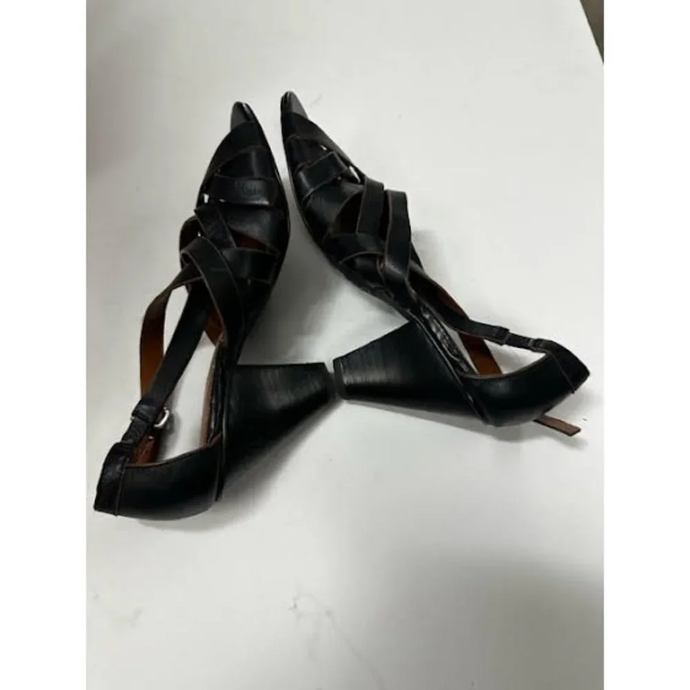 Ann Taylor Loft Women's Black Leather Strappy Chunky Cone Heel Sandals Size 7 - Picture 3 of 8